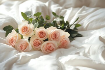Obraz premium A beautiful arrangement of soft pink roses rests elegantly on a white bedspread, creating a serene and romantic atmosphere, Ideal for themes of love, weddings, or floral decor advertising,