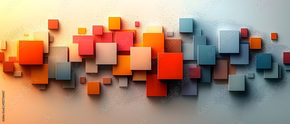 Poster a vibrant abstract display featuring overlapping cubes in varying shades of orange, blue, and gray, 
