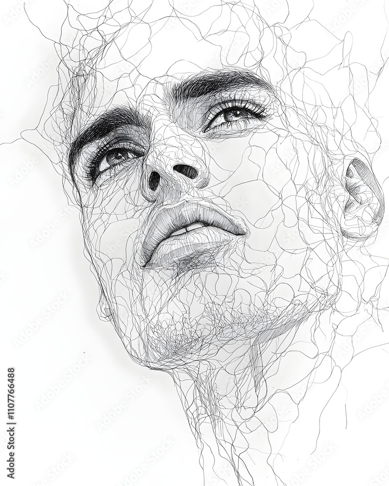 Poster artistic line drawing of a young caucasian male with an intense gaze, featuring intricate and abstra