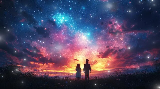 Two children stand amazed under a breathtaking cosmic sky, surrounded by swirling colors and twinkling stars during sunset. seamless looping 4K time-lapse virtual video animation background