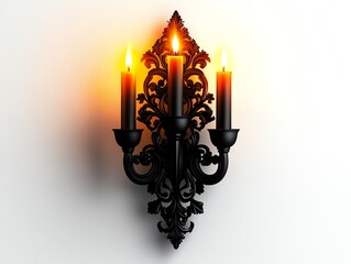 Fototapeta premium An elegant black wall sconce with three candle holders, featuring ornate design elements. The flames flicker softly, casting a warm glow against an isolated white background.