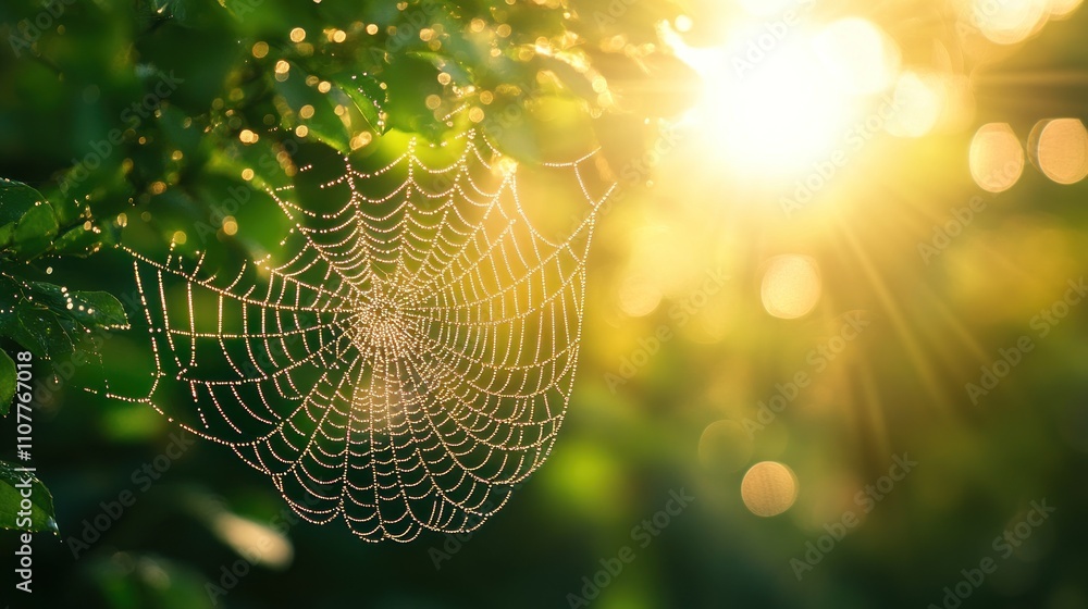 Poster a spider web covered in dew drops hangs from a tree branch with the morning sun shining through the 