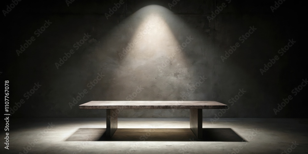 Poster a spotlight shines on a long, rustic wooden table with a concrete base in a dark room with a rough, 