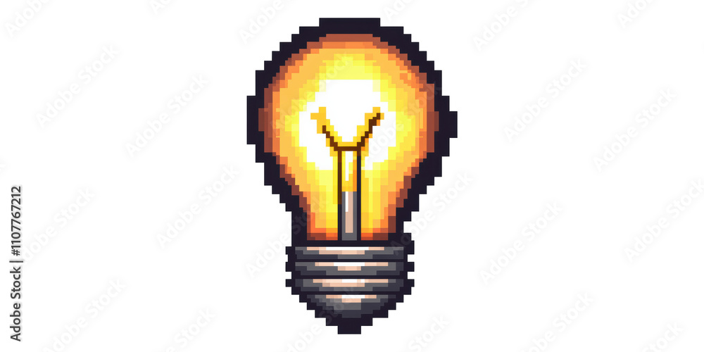 Poster pixelated light bulb icon in pixel art style isolated on transparent background