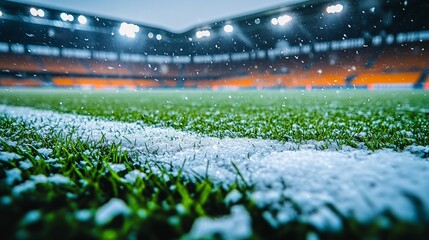 Naklejka premium Real photo of soccer stadium stands field grass with snow