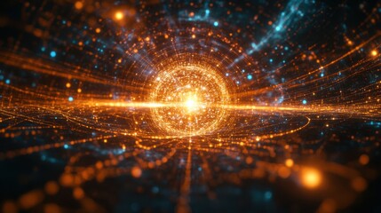 Fototapeta premium A vibrant digital illustration depicting a mesmerizing cosmic scene with swirling bright orbs and shimmering lights, Ideal for technology, science, or space-themed projects,