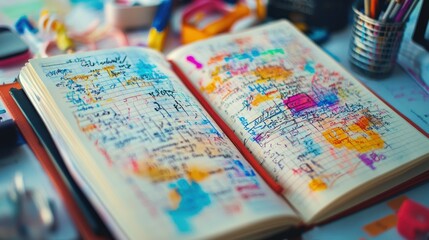 Colorful, messy notebook open on a cluttered desk, filled with handwritten notes, drawings, and highlights.