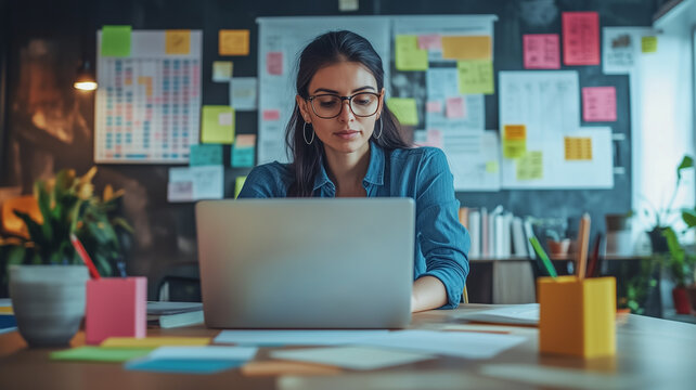 A focused project coordinator in a modern office, intently reviewing timelines on a laptop,