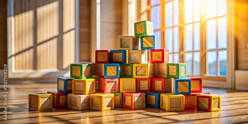 Poster a colorful stack of wooden blocks sits on a hardwood floor illuminated by sunlight streaming through