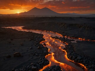 Fototapeta premium Molten lava river through a mountainous landscape at sunset.
