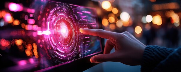 Fototapeta na wymiar A futuristic scene of a hand interacting with a glowing holographic interface, emitting vibrant lights in a blurred, colorful environment.