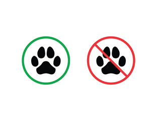 Pet Warning Sign. Entry With Animals Silhouette Icons Set. Walking With Dog Allowed, Paw Footprint Prohibited Symbol. Isolated Vector Illustration.