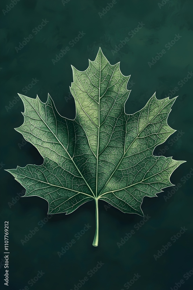Poster a close-up of a vibrant green maple leaf against a dark green background, showcasing intricate vein 