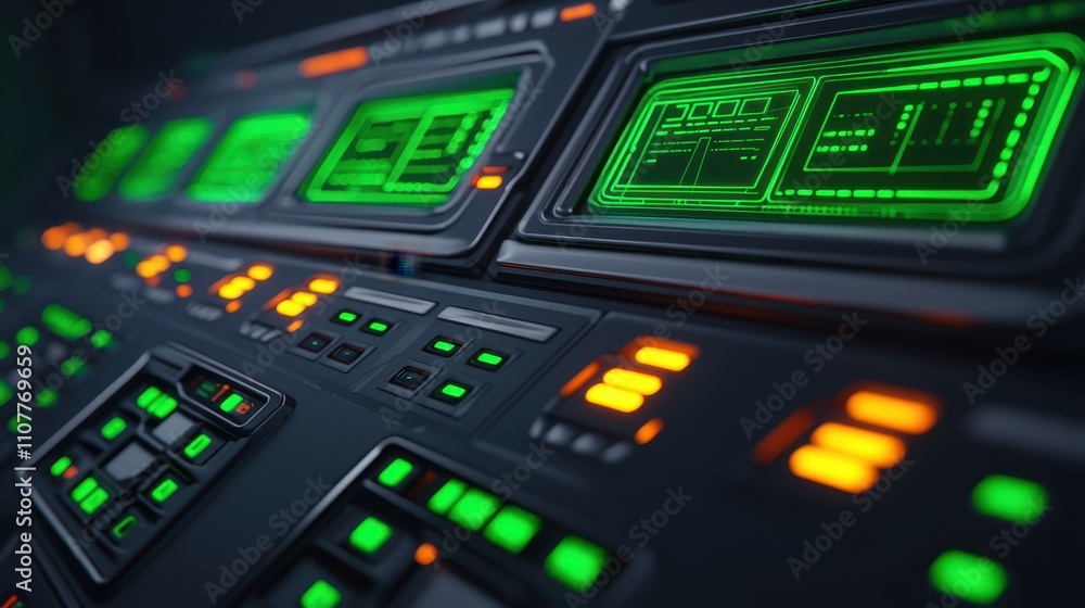Poster a futuristic control panel with green and orange lights, featuring multiple screens and buttons, sug