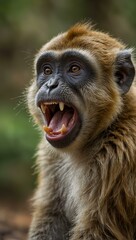 Fototapeta premium Monkey yawning with a blurred natural background.