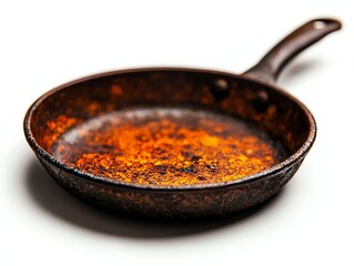 A rustic, worn-out frying pan showing signs of rust and wear, isolated on a clean white background, highlighting its vintage charm and unique texture.