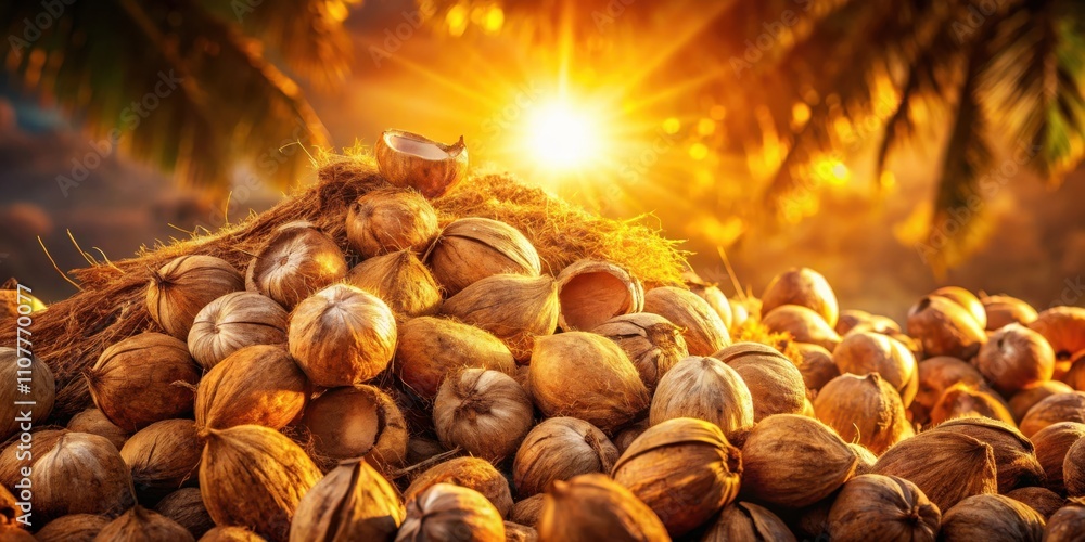 Aufkleber a pile of coconuts bathed in the golden light of the setting sun, creating a scene of natural beauty