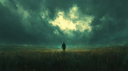 Fototapeta premium A solitary figure stands in a vast field under dramatic, cloudy skies.
