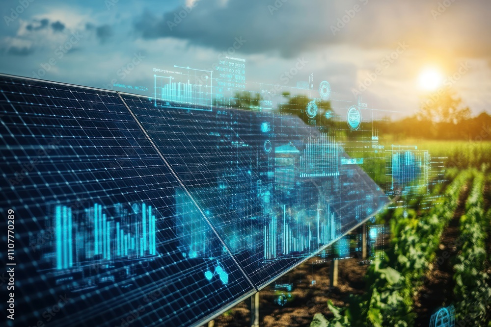 Poster solar panels in a field with data visualizations overlaid on the image.
