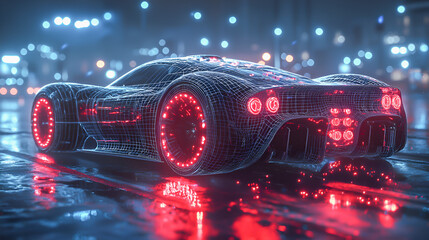 Cyberpunk Supercar Illuminated with Neon Red Lights in a Rainy Night Scene  
