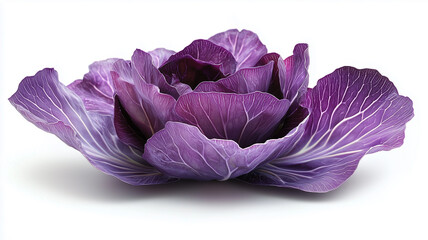 Obraz premium A high-resolution, close-up image of a red cabbage flower, isolated on a pure white background. The upper part of the cabbage is in crisp focus,