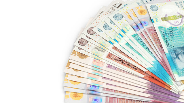 Fan arrangement of British Pound banknotes in various denominations
