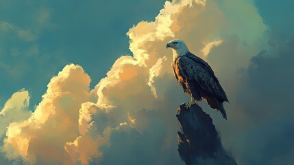 Majestic Eagle Perched on a High Rock Amidst Clouds