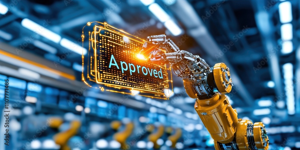 Poster a robotic arm displays an led sign reading 