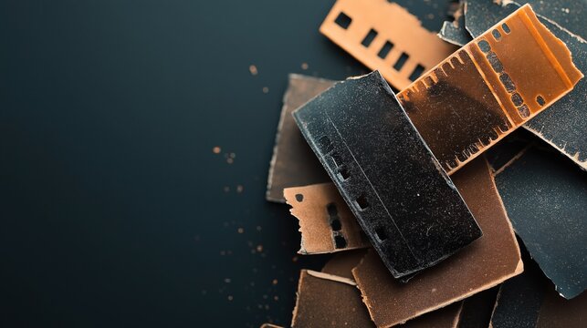 Close-up of a pile of dusty, fragmented old film strips on a dark surface, showcasing various apperture holes.