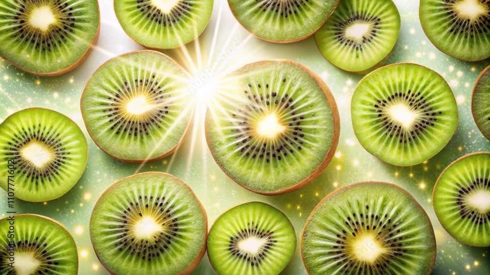 Aufkleber Sliced kiwi fruit arranged in a pattern with a sunburst effect and golden sparkles in the background.