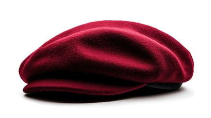 A stylish burgundy beret, elegantly displayed on a white isolated background, showcasing its soft texture and classic design. Perfect for fashion enthusiasts and artists.