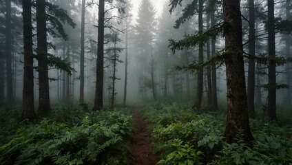 Obraz premium Morning fog in a dense forest.