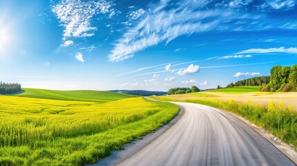 Naklejka premium photograph of Beautiful idyllic landscape in countryside banner format with a wide field of cereals and a pasture divided by a deserted asphalt road against a blue summer sky.