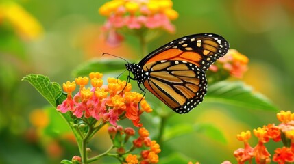 Obraz premium photograph of Beautiful image in nature of monarch butterfly on lantana flower.