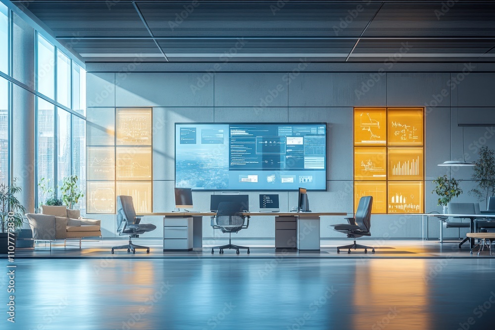 Poster modern office interior with large screen displaying data analytics and charts.