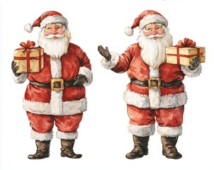 Watercolor hand-drawn cute Santa Claus standing and holding presents in two different poses. Isolated on a white background, perfect for holiday designs 2026 - 2027.