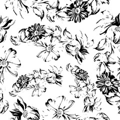 Fototapeta premium line art print of sprigs with blooming daisies buds on white background, for textile, design or pattern