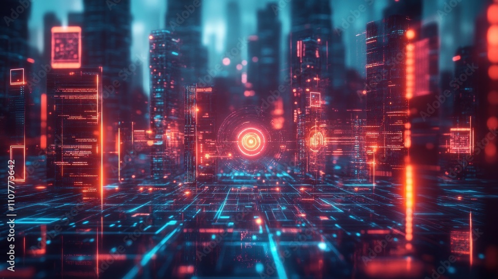 Poster futuristic cityscape with glowing digital data streams and interfaces.