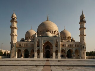 Fototapeta premium Mosque with symmetrical domes and minarets.