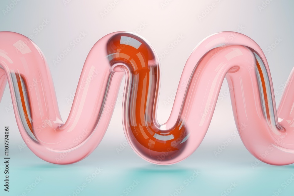 Poster abstract 3d rendering of a pink glass wavy tube with a transparent texture