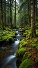 Obraz premium Moss-covered trees by a vibrant stream in a morning forest.