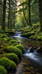 Obraz premium Moss-covered trees by a vibrant stream in a morning forest.