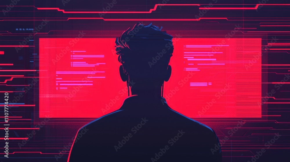 Poster a silhouette of a person facing a glowing red screen filled with digital code, symbolizing technolog