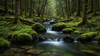 Obraz premium Mossy trees beside a green forest stream.