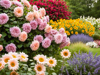 Summer Garden Abundance Roses, Sunflowers, and Lavender