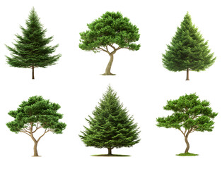 Obraz premium Set of solitary green trees with intricately twisted branches on trasnparent background. PNG, cut out.