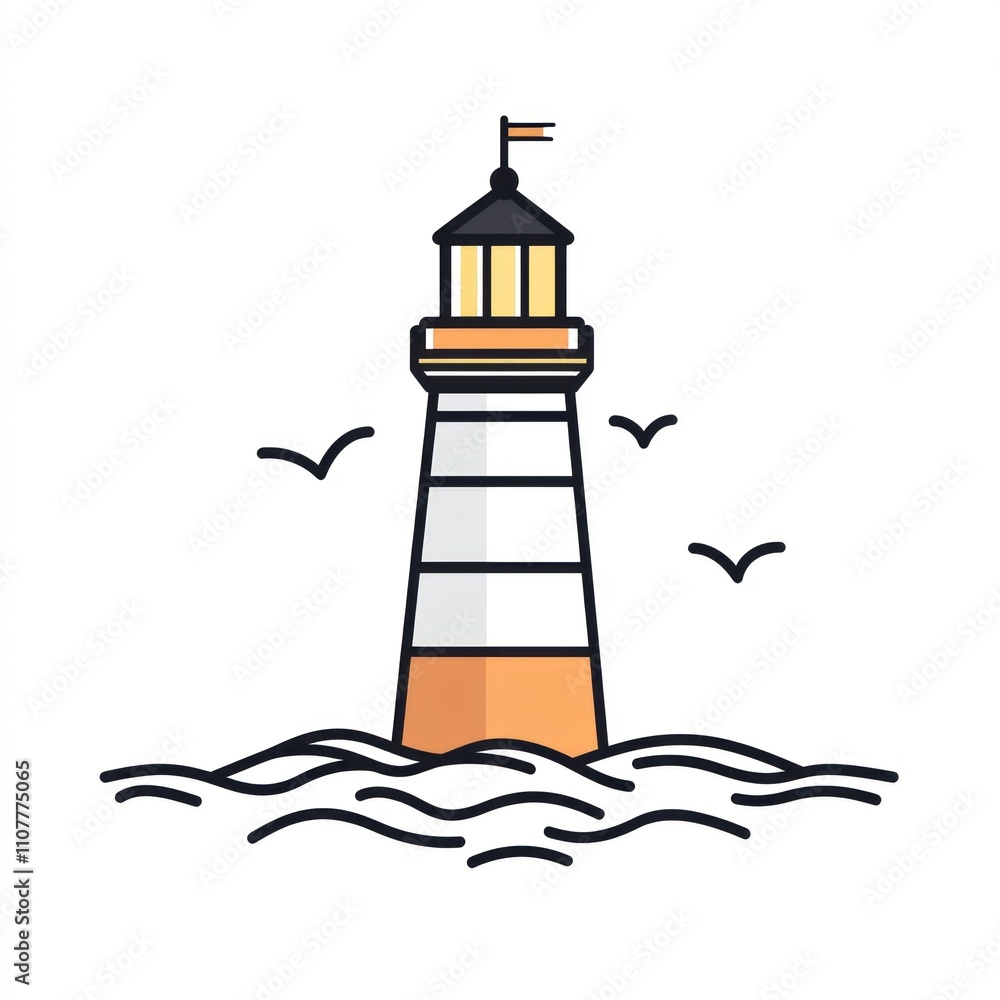 Poster here's a description and keywords for your image.. simple lighthouse illustration with birds and wav