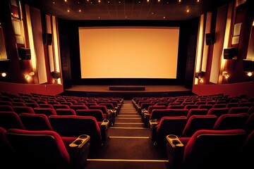 Modern movie theater showcasing a vacant auditorium, highlighted by an expansive screen and unfilled seating