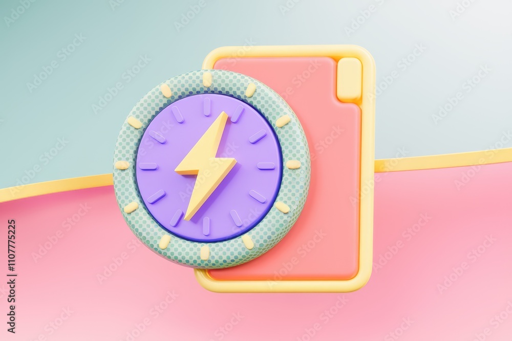 Poster 3D render of a phone charging with a lightning bolt inside a clock