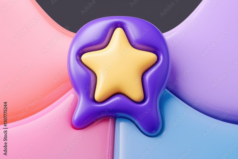 Poster a 3d render of a cute purple blob with a yellow star on pastel background